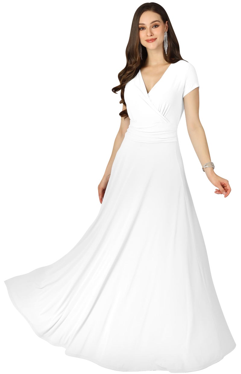 KOH KOH Womenâ€™s Long Cap Short Sleeve Flowy Cocktail Semi Formal Prom Gala Black Tie Bridesmaid Wedding Guest Work Dressy Tall Gown Gowns Maxi Dress Dresses, Ivory White L 12-14 - Image 1